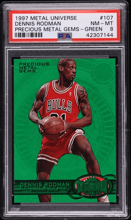 1997 Metal Universe Precious Metal Gems PMG Green Dennis Rodman /10 #107 PSA 8 NM-MT