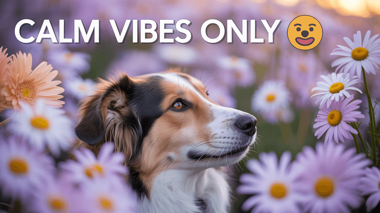 Peaceful dog among pastel daisies with Calm Vibes Only headline across the top