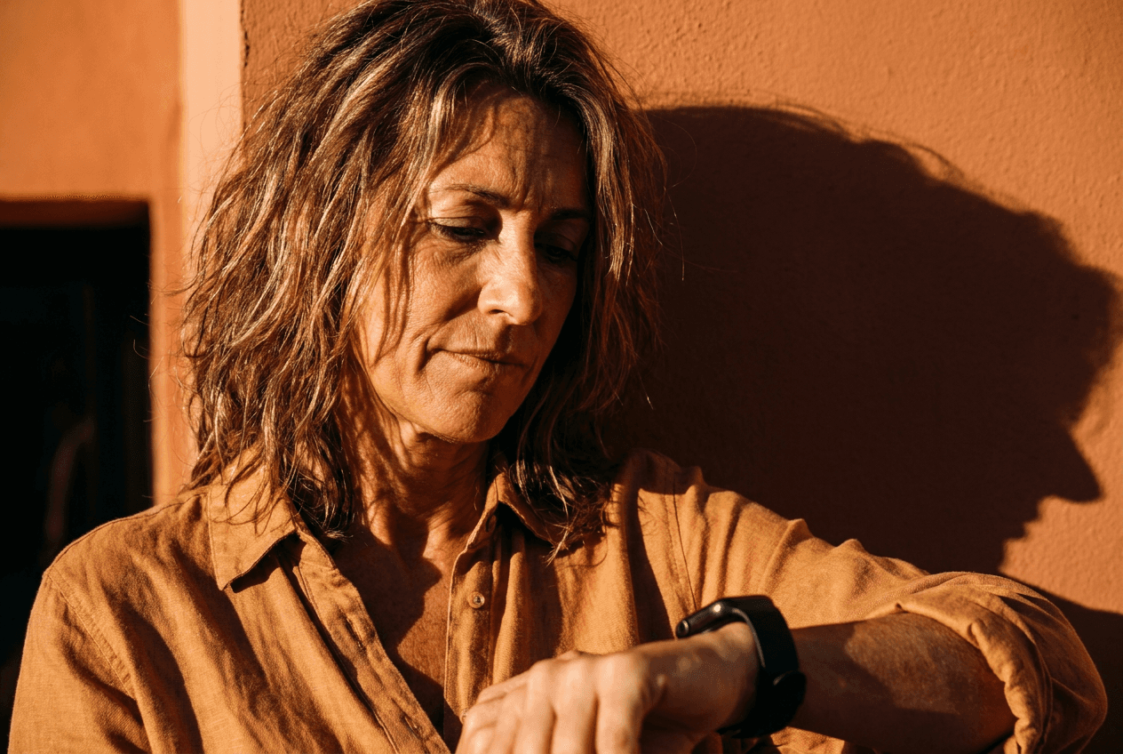 A woman in her late 40s glancing at the smartwatch on her wrist in warm light