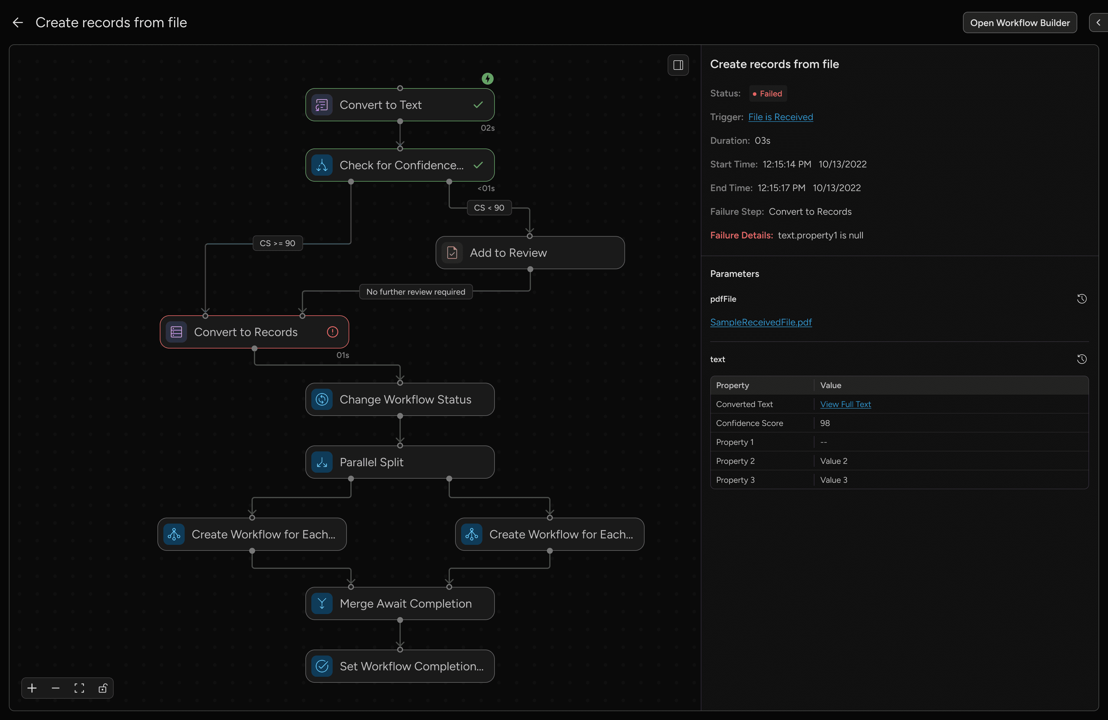 Workflow map showing failed step marked in red with error info