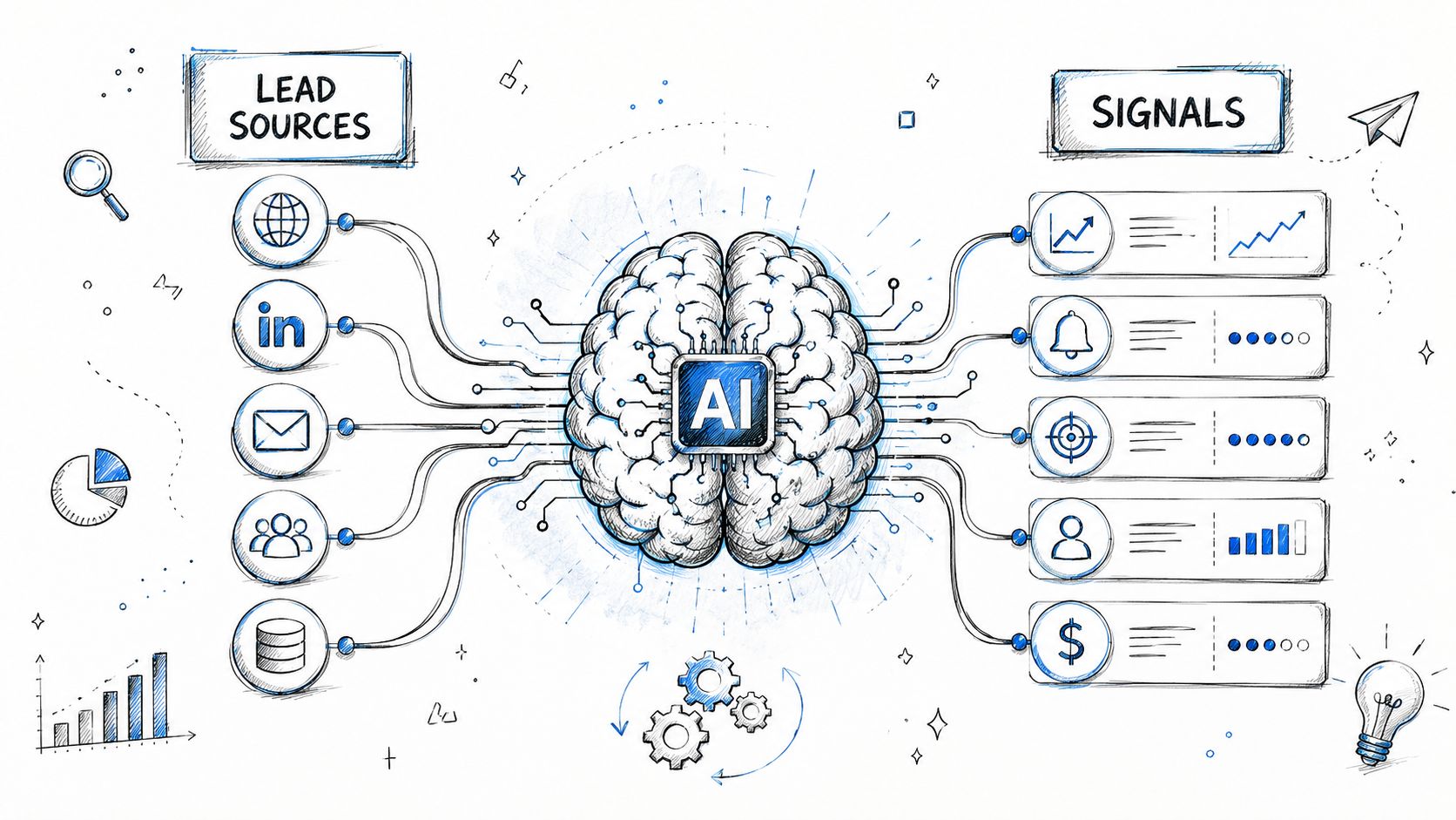 A hand-drawn illustration showing lead sources feeding into an AI brain that processes data into sales signals.