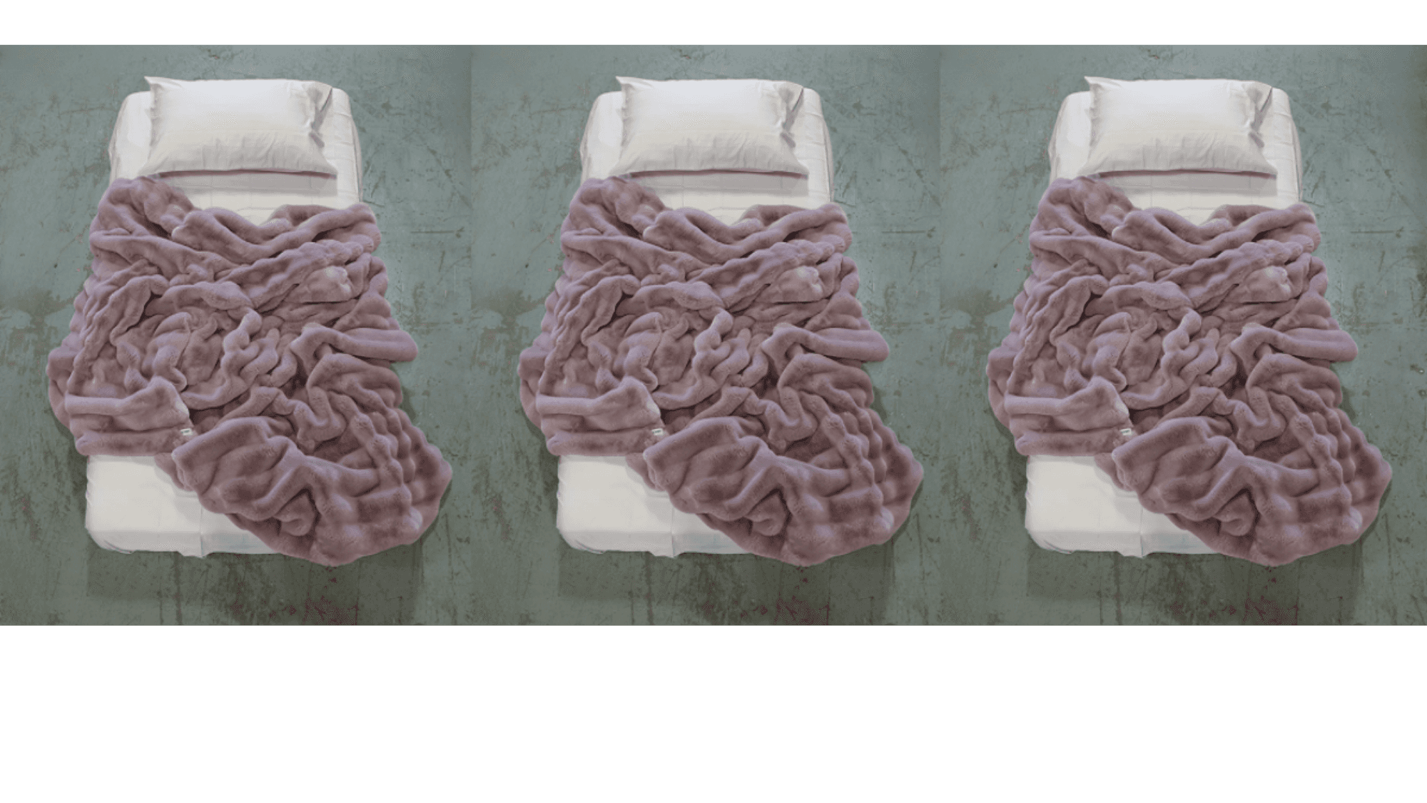 A cozy scene showing a person dressed in white lounging on a sofa, surrounded by plush blankets in cream and deep teal. Both blankets feature the "NORMY" label, highlighting the brand, and add a touch of comfort and style to the setting, which also features colorful tile flooring.