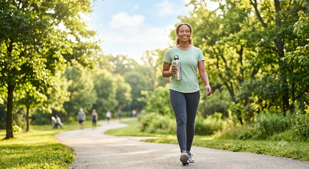 A smiling woman in casual athletic wear walks along a sunlit park path holding a reusable water bottle, illustrating healthy recovery after overeating.