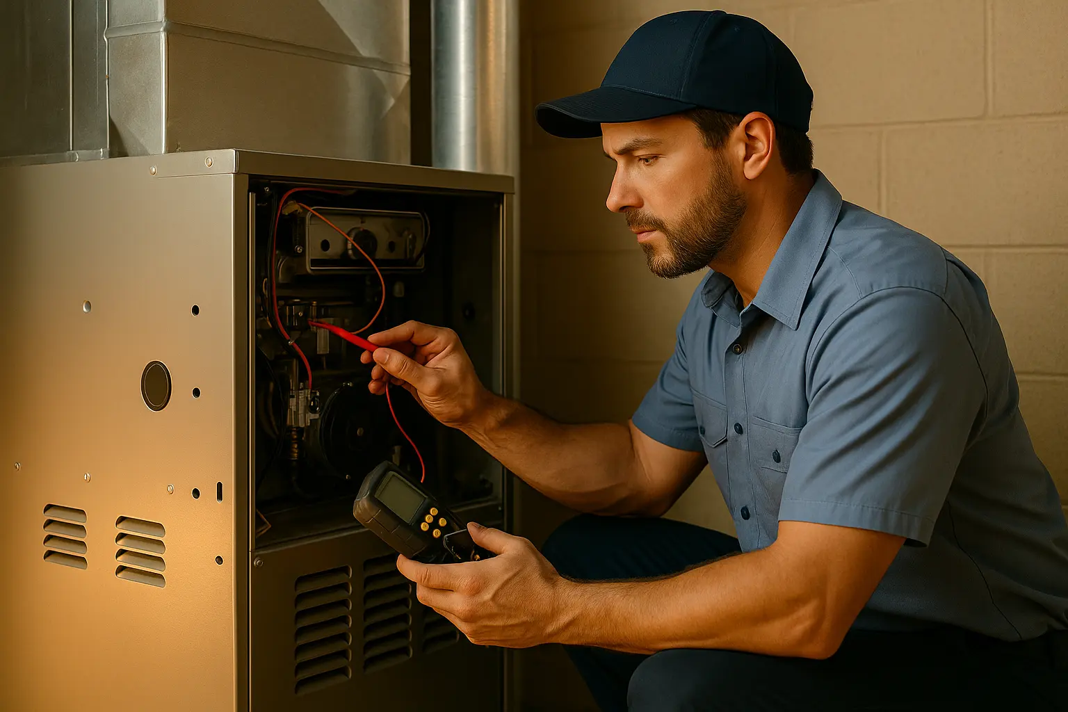 HVAC technician inspecting a furnace, using a multimeter for diagnostics in a residential setting, emphasizing our repair and maintenance services.
