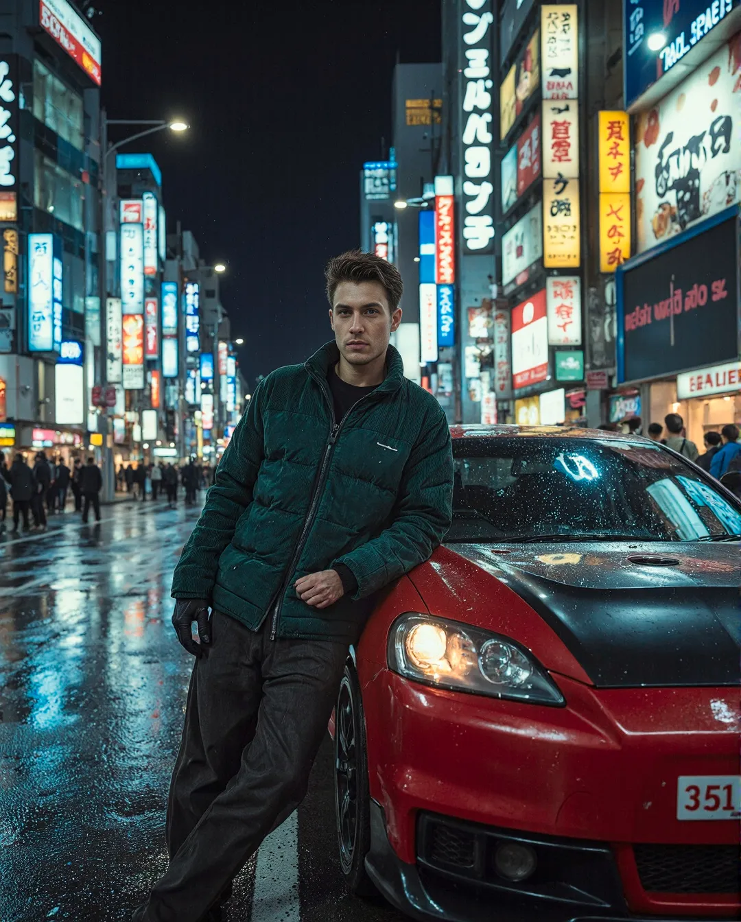 Atmospheric night street scene in Tokyo with neon signs, featuring a green-jacketed person leaning against a red sports car on wet pavement