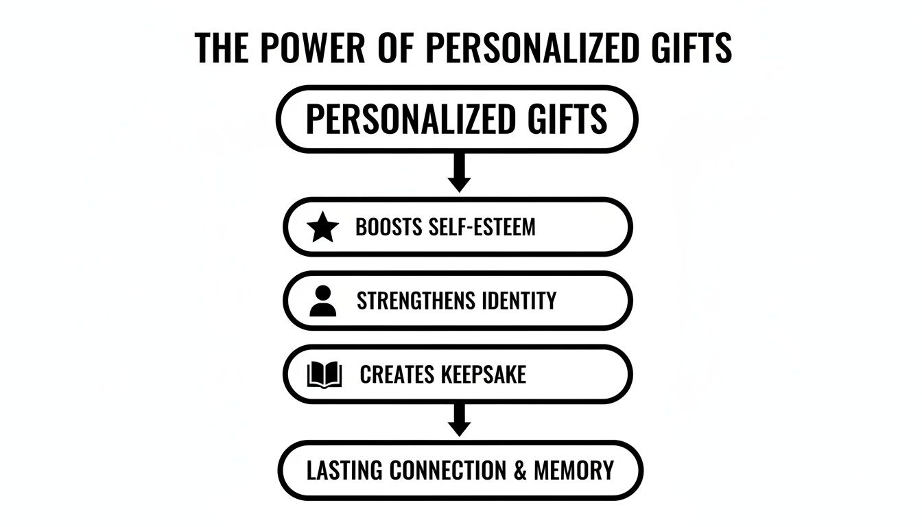 Flowchart illustrating the power of personalized gifts: boosts self-esteem, strengthens identity, creates keepsake, and fosters lasting connection.