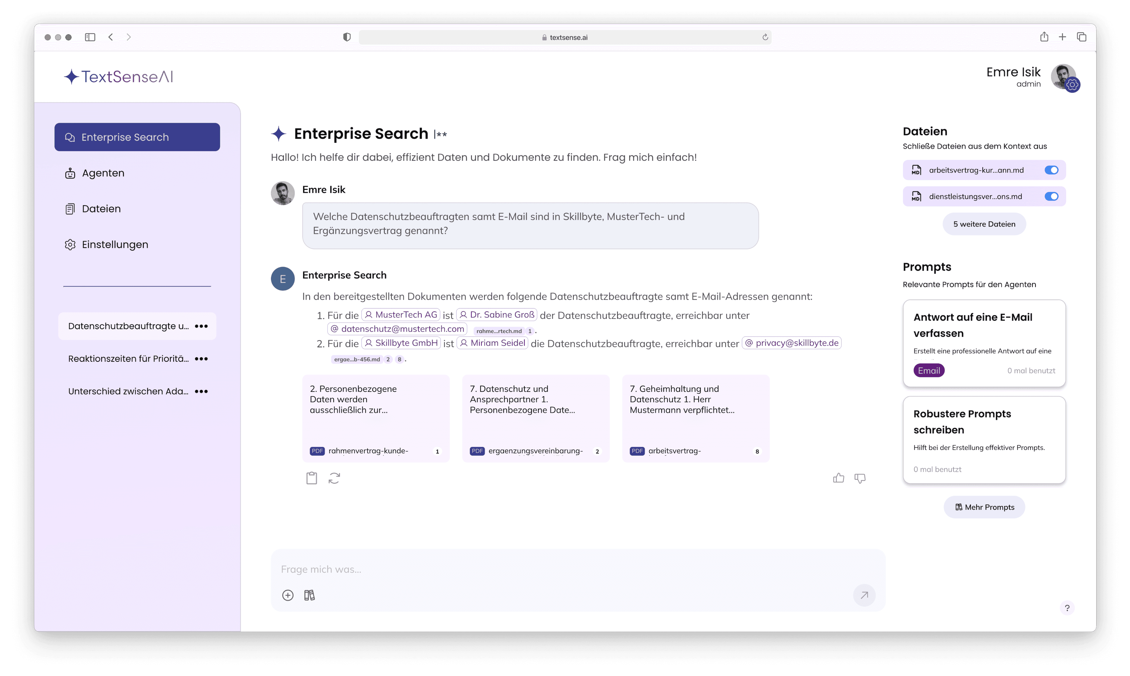 Mockup TextSenseAI Rechtsberatung im KI Chat