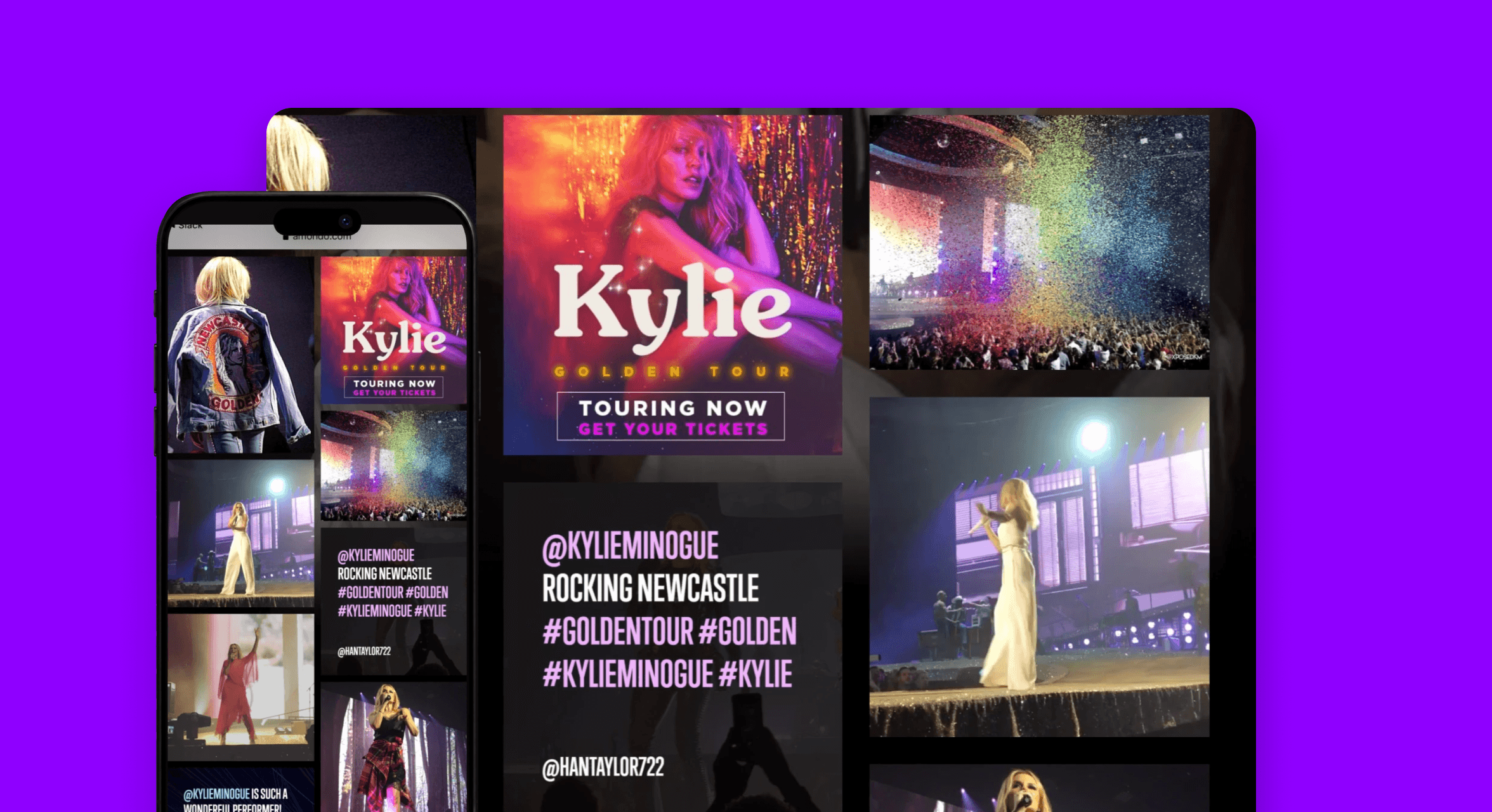 Fan content from Kylie’s Golden Tour on desktop and mobile