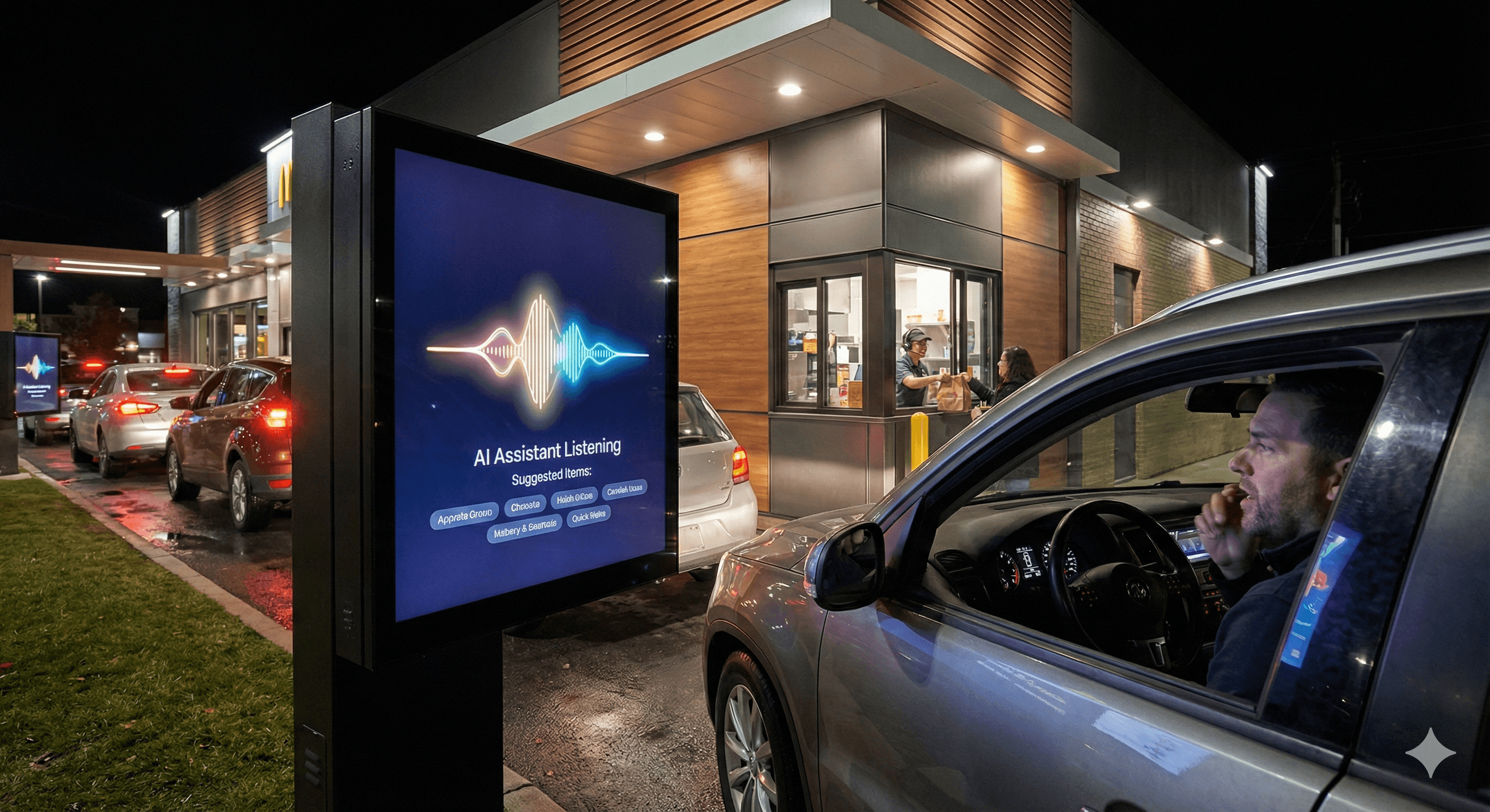 The image depicts a nighttime scene at a quick service restaurant (QSR) drive-thru, where a digital screen with AI assistant capabilities is actively taking orders from a line of vehicles.