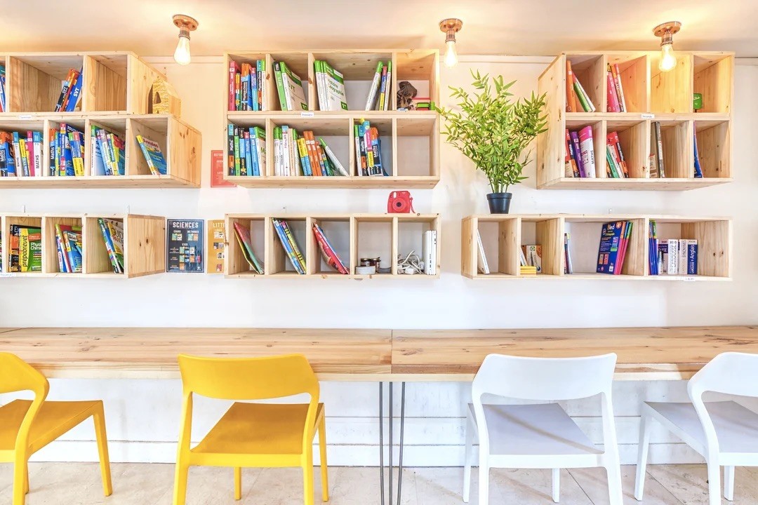 Détail d'une bibliothèque artisanale remplie de livres et plantes vertes dans un espace de travail collaboratif.