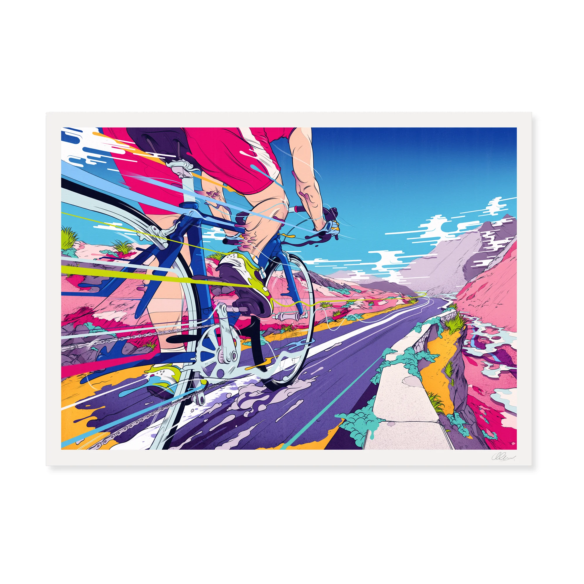 Speed by Andrew Archer – dynamic cycling artwork showing a road cyclist racing through a colourful surreal mountain landscape with bold motion and energy.