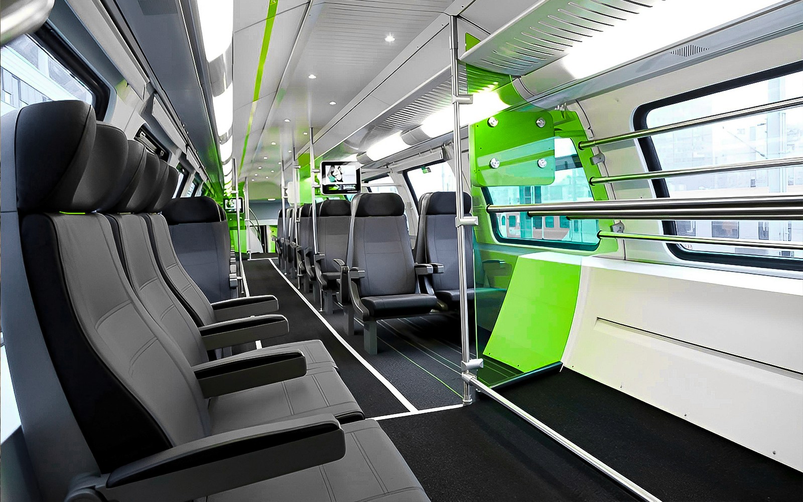 Interior of Vienna City Airport Train with modern seating and large windows.