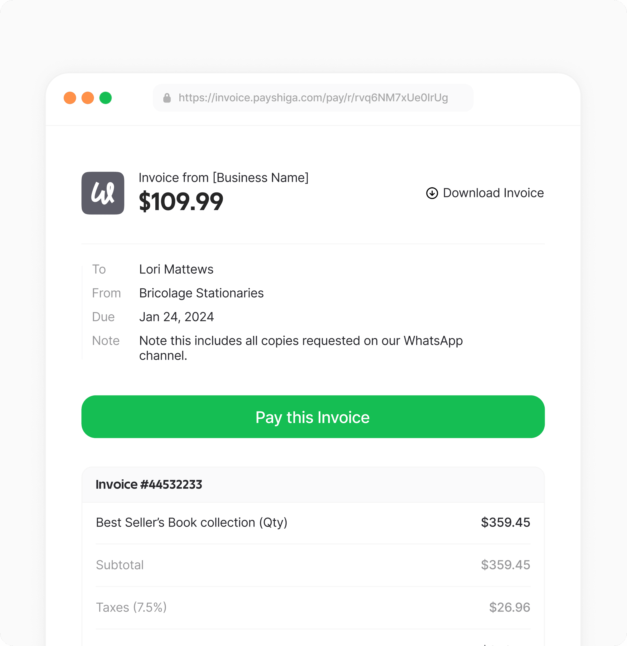 An invoice reveived by a customer via email