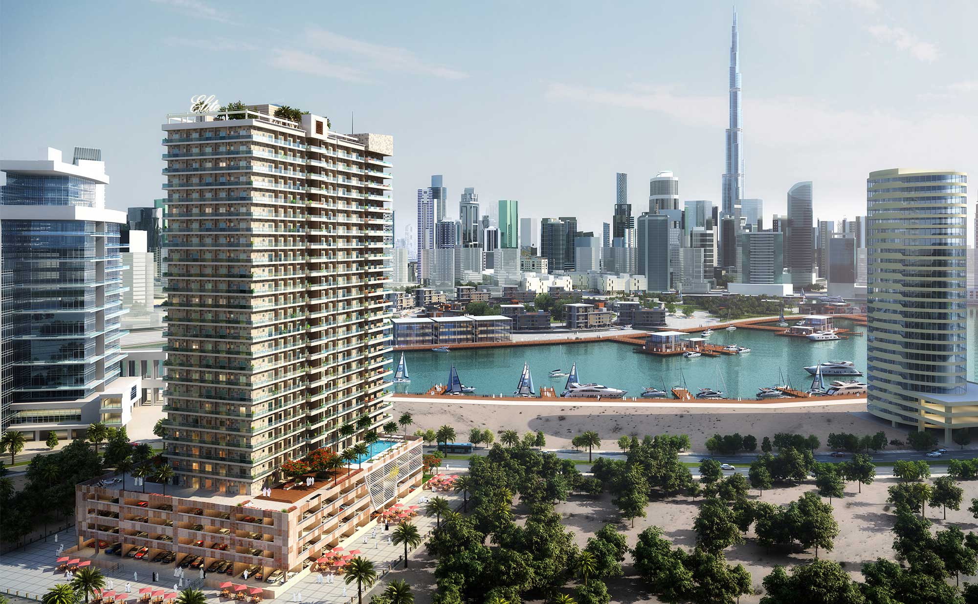 Aerial view of Elite Business Bay Residence tower overlooking the Dubai Canal with Burj Khalifa in the background.