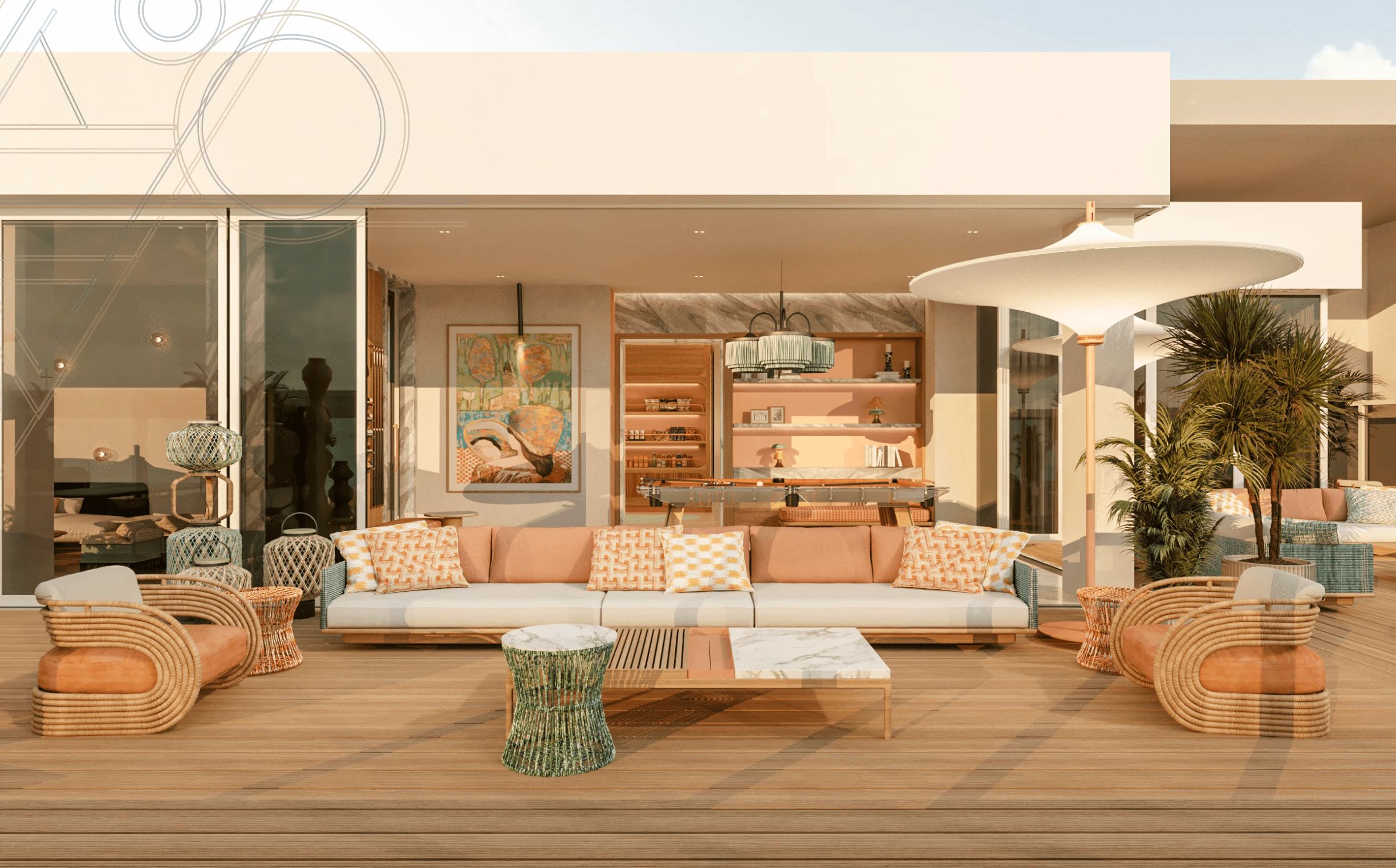 A sophisticated lounge terrace with curved white stucco walls, stone seating, and arched cutouts perfectly framing an unobstructed ocean sunset.
