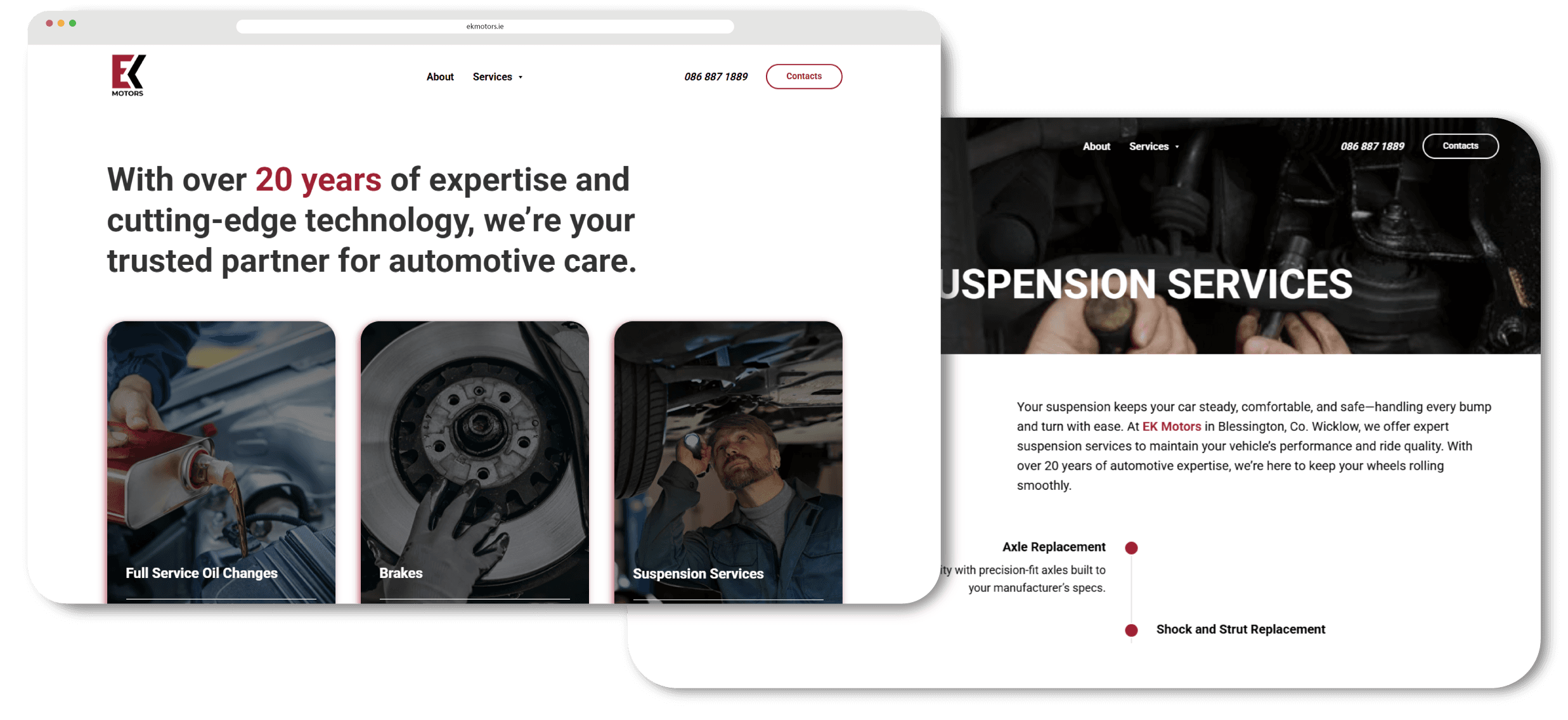 EK Motors auto service centre website desktop view showing homepage and suspension services page built by ReachBeyond