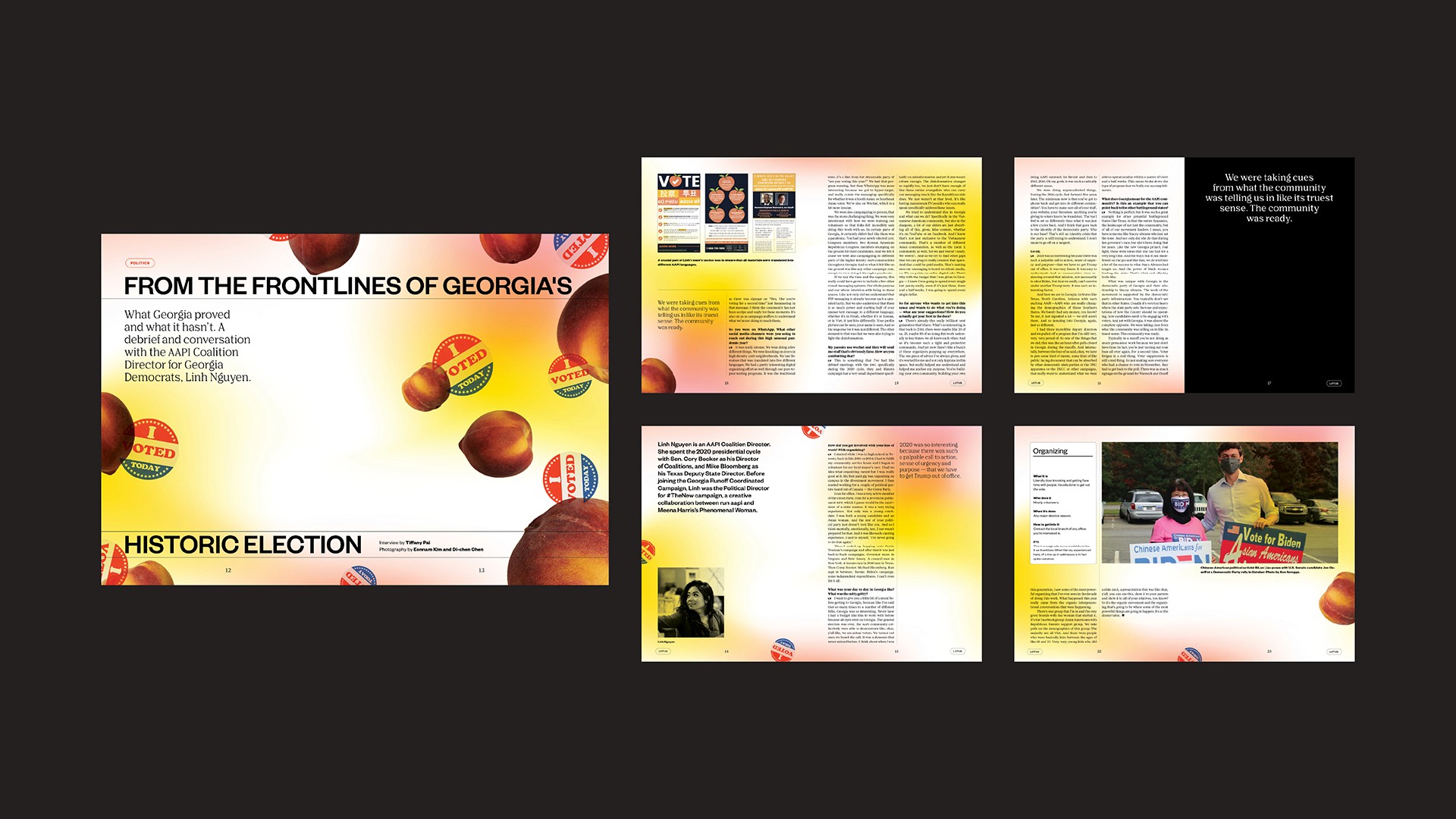 Four pages from a magazine are displayed on a dark background. The left page features “FROM THE FRONTLINES OF GEORGIAS” with text and images of campaign buttons. The right page shows “VOTE” with election-related graphics. The bottom left page displays “HISTORIC ELECTION” with text and images. The bottom right page shows “Opening” with text and images.