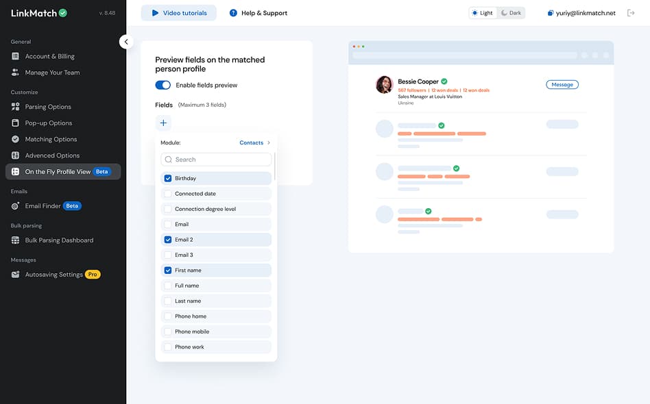 LinkMatch support page featuring keyboard shortcuts, support request form, and video tutorial library