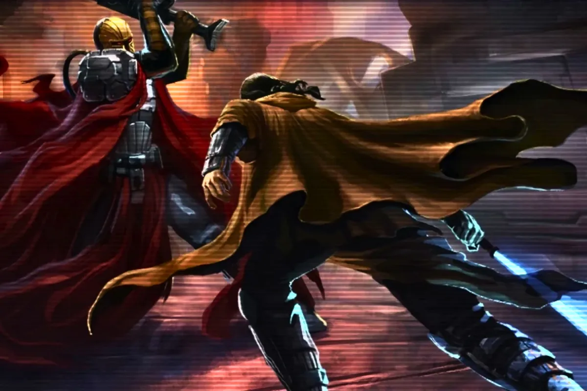 An intense battle scene from the Mandalorian Wars, showing a cloaked Jedi, likely Revan, charging forward with a blue lightsaber in hand. Opposing him is a Mandalorian warrior in full armor and a flowing red cape, wielding a weapon against a fiery, war-torn backdrop. The dynamic composition highlights the chaos and stakes of the conflict.