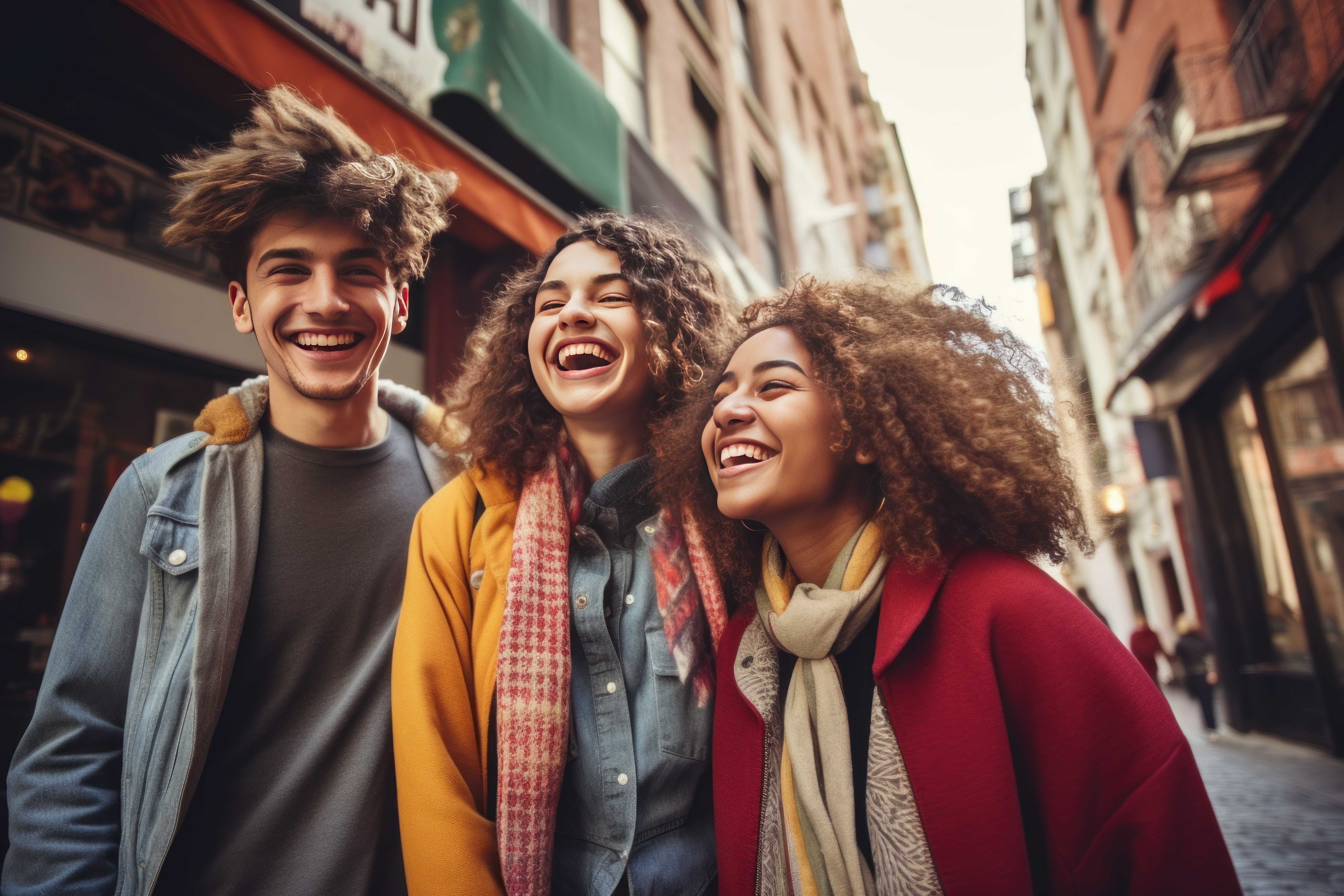 Groep van drie vrienden die glimlachend door een stadsstraat lopen.
