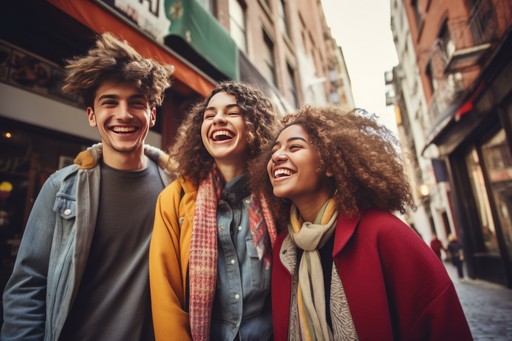 Group of three friends smiling while walking through a city street.