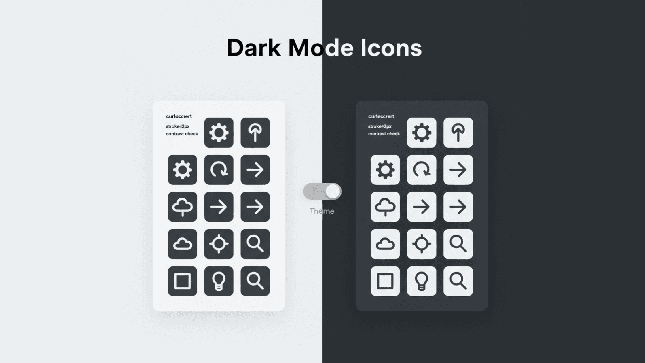 Light and dark theme UI panels showing the same SVG icon set adapting cleanly with a theme toggle and contrast settings.