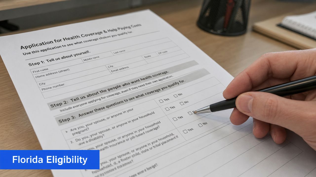 A person holding a black pen over a health insurance application form on a wooden desk.