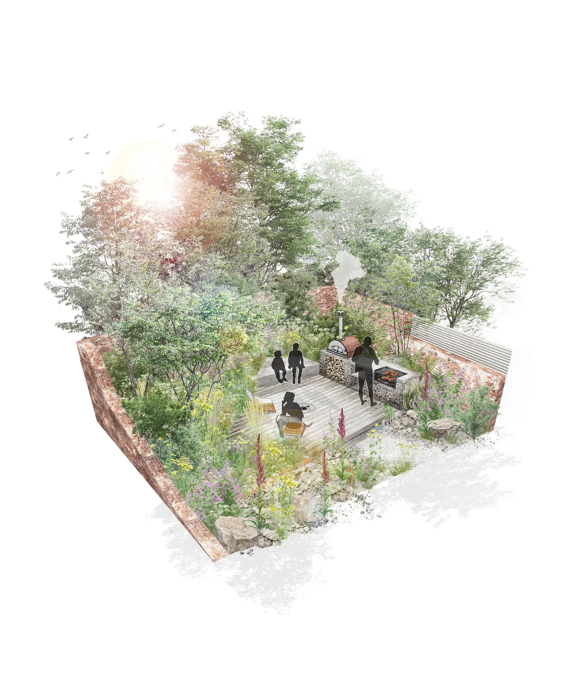Aerial view of a lush garden with pathways, trees, and shrubs, creating a serene, natural environment.