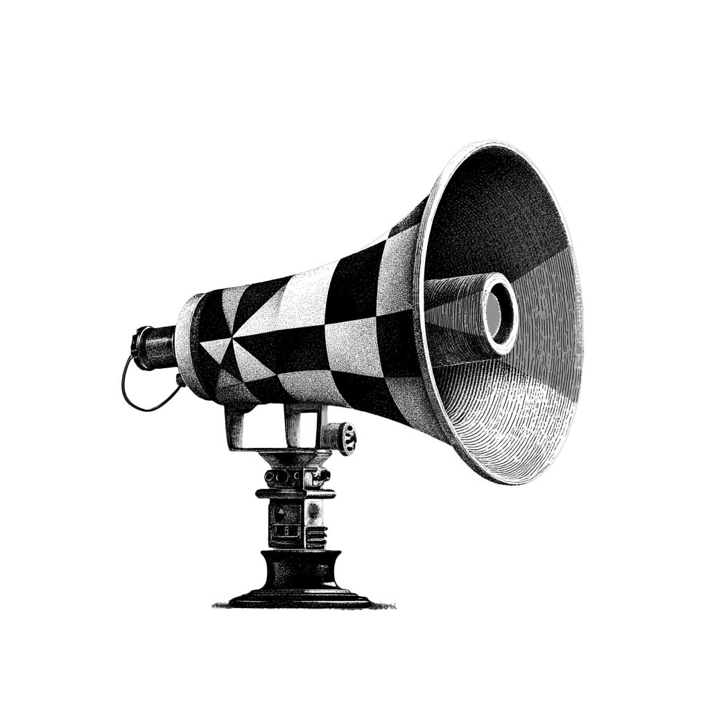 An illustration of a black and white megaphone with a checkered pattern, mounted on a stand.