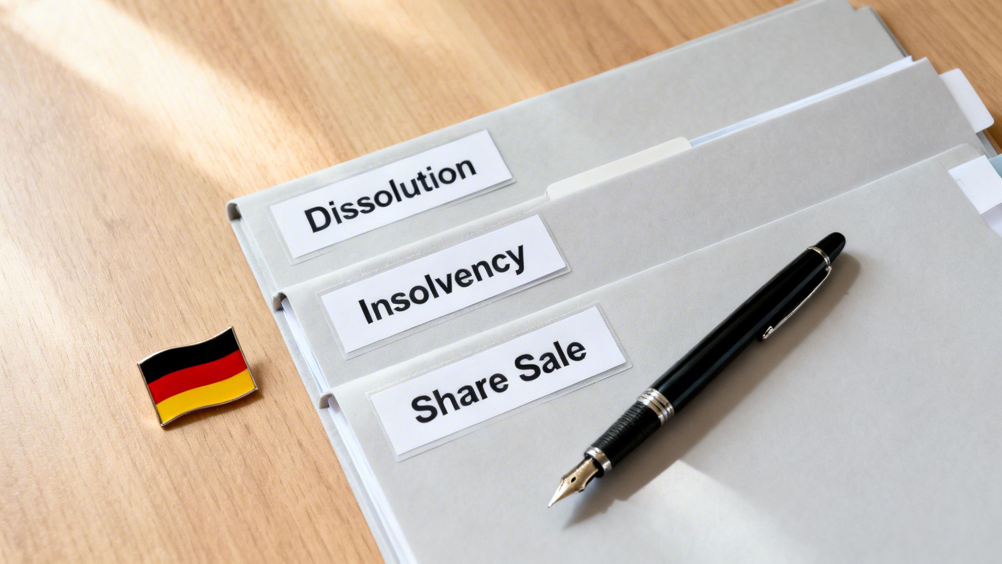 Folders labeled Dissolution, Insolvency, and Share Sale with a German flag and pen on a desk.