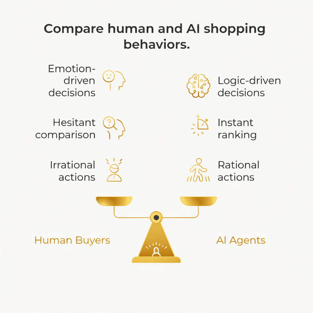 Comparison graphic showing human buyers making emotional and hesitant decisions versus AI agents making logic-driven, rational purchasing decisions.