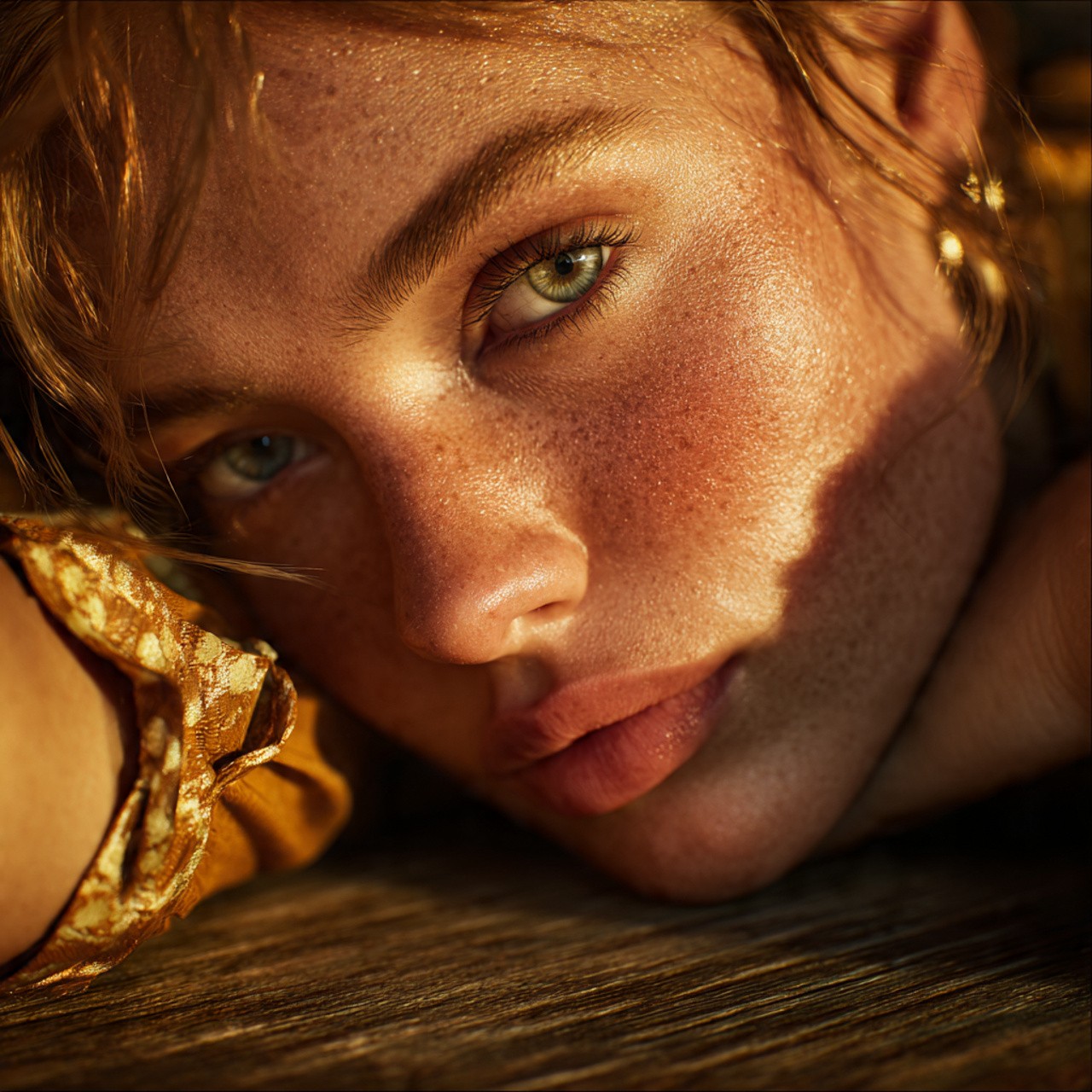 Extreme close-up of sun-kissed woman resting on a wooden surface.