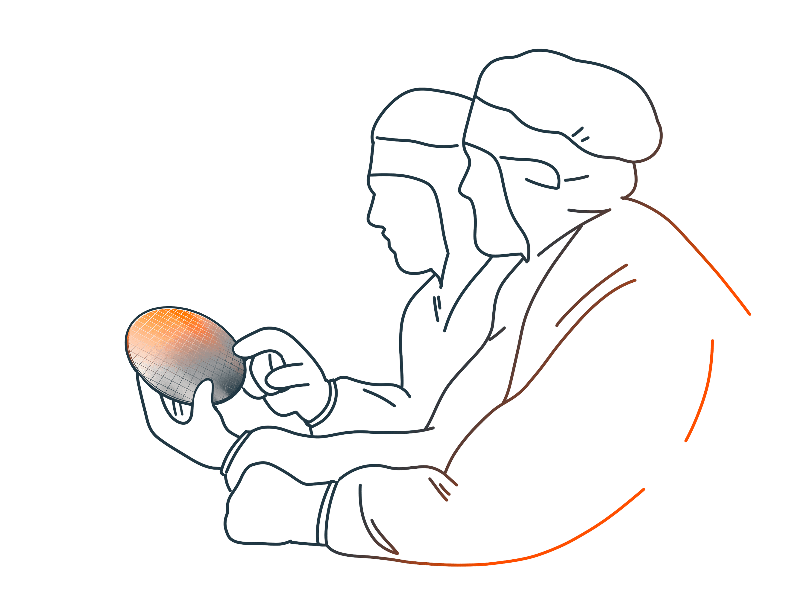 Minimalist line drawing of two scientists examining a glowing, grid-patterned disc.