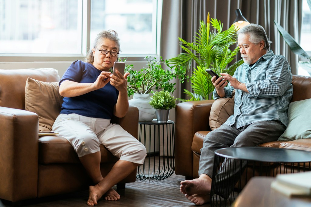 An elderly couple sits comfortably in their modern living room, each engrossed in their smartphones. Surrounded by lush indoor plants and cozy leather furniture, the scene highlights their engagement with technology and the blend of contemporary lifestyle with a touch of nature indoors.