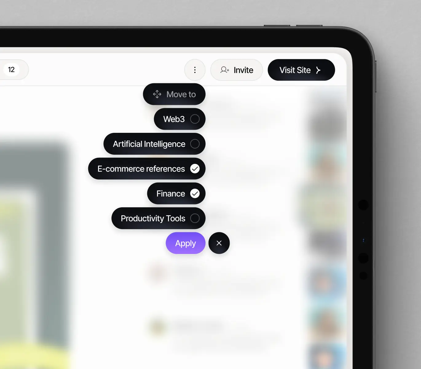 Mimmir tag-selection overlay with filters for e-commerce, finance, and productivity references.