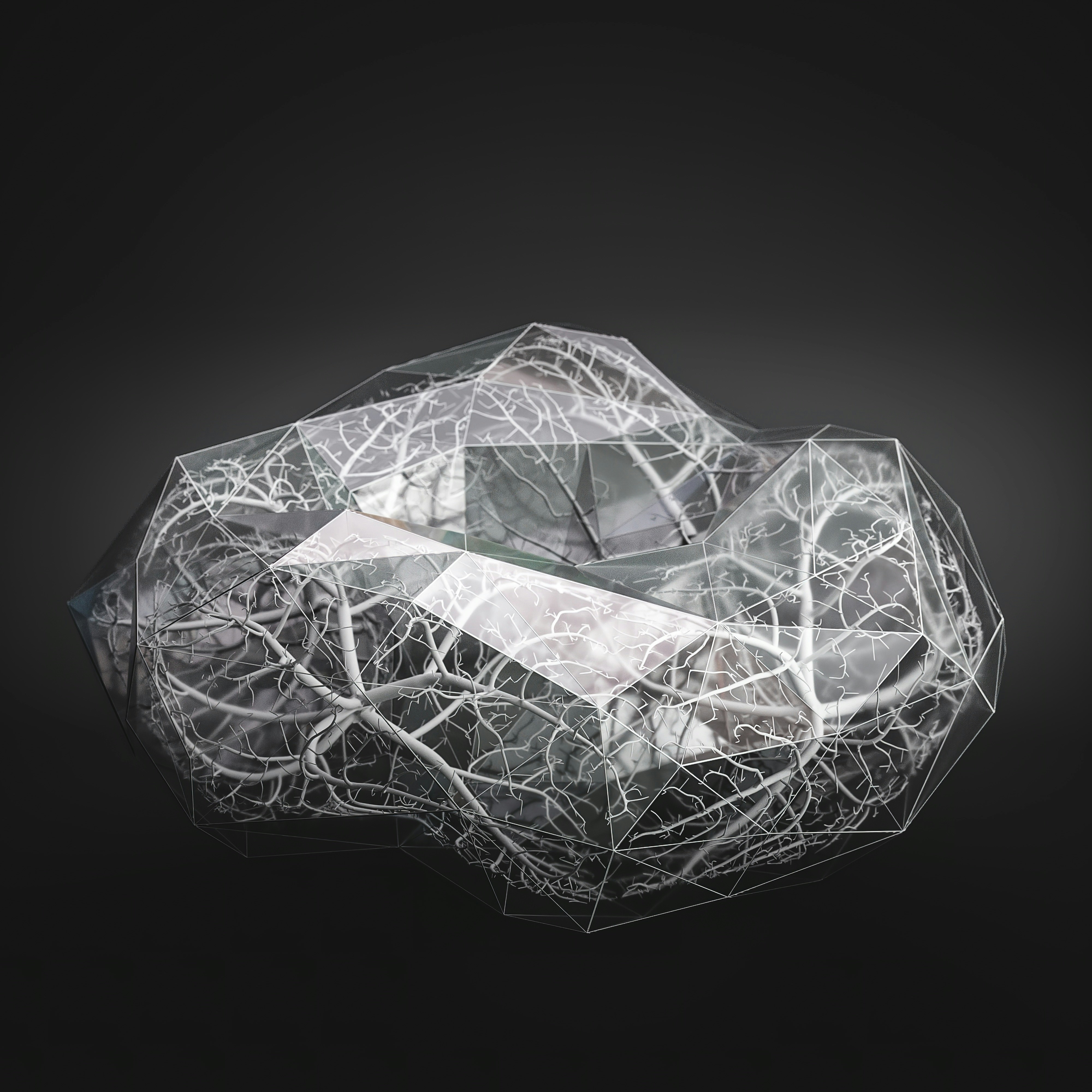 a sculpture made of wire and glass on a black background