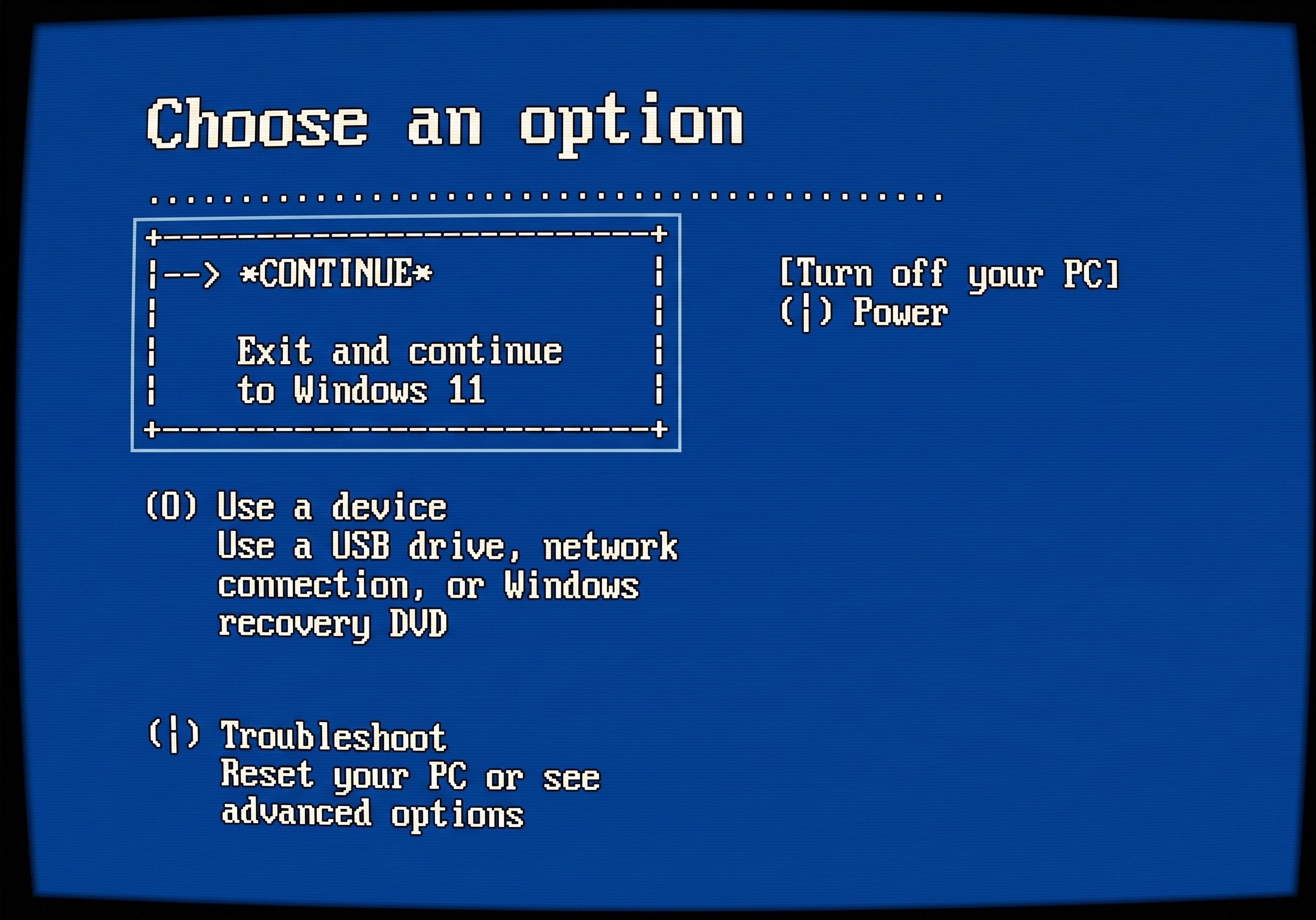 Windows recovery screen showing the Choose an option menu with Continue and exit to Windows 11 highlighted