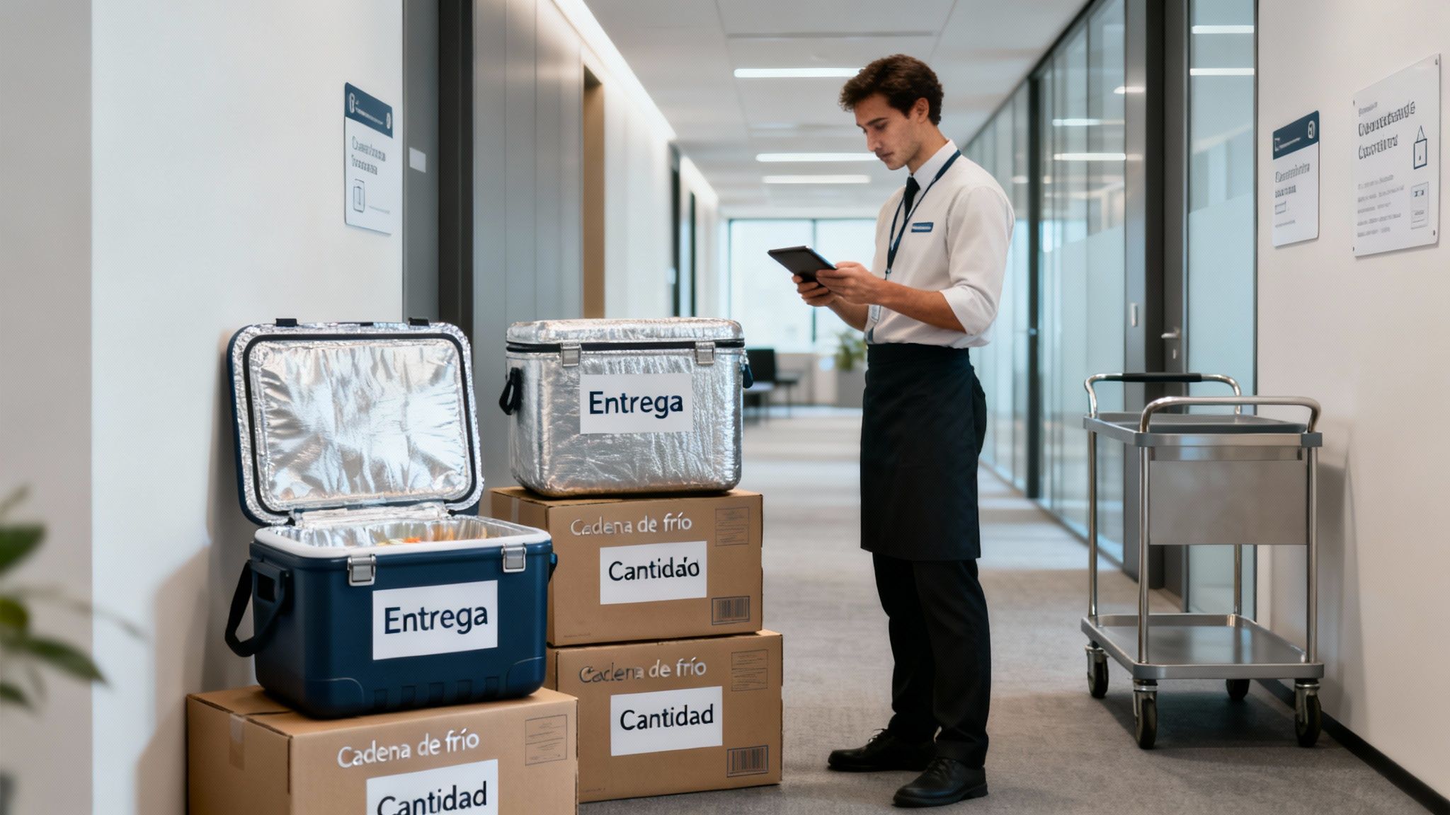 Joven entrega catering en oficina, verificando pedido en tableta junto a contenedores térmicos y cajas.