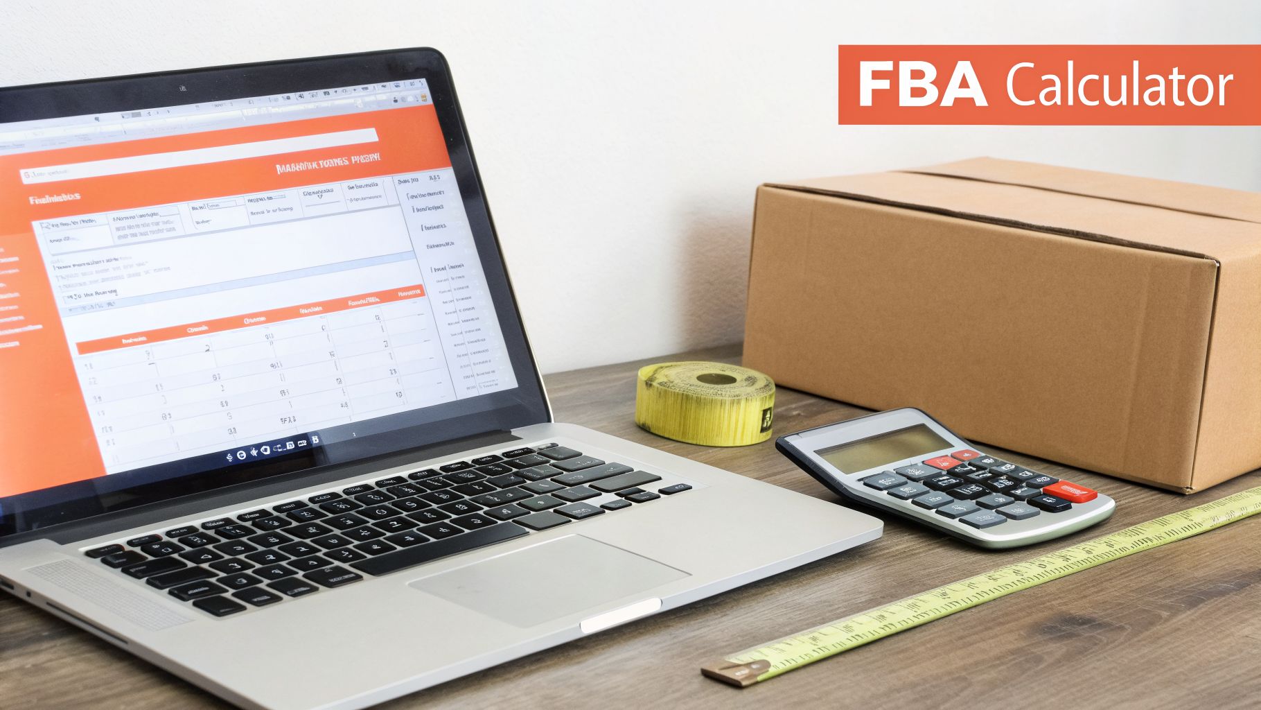 A desk setup with a laptop showing a spreadsheet, a calculator, tape measure, and a box, with 'FBA Calculator' text overlay.