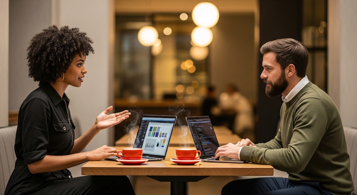 Two people working on laptops at a cafe, discussing something with coffee cups on the table.