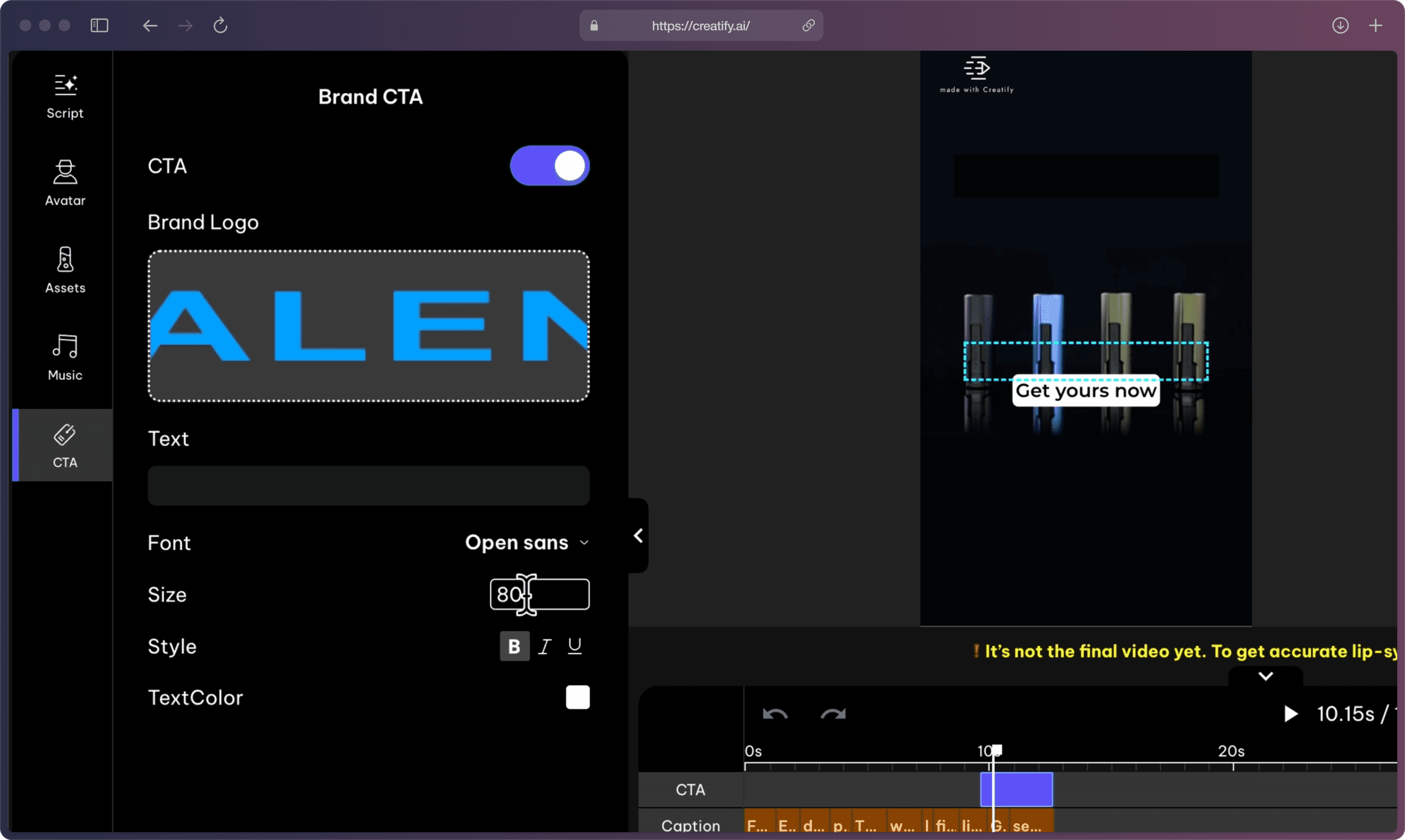 A screenshot of Creatify AI app’s Editor page showing several tools on the left, the video preview in the middle, several functions like “music, avatar, CTA, script” on the left, and an editing timeline on the bottom.