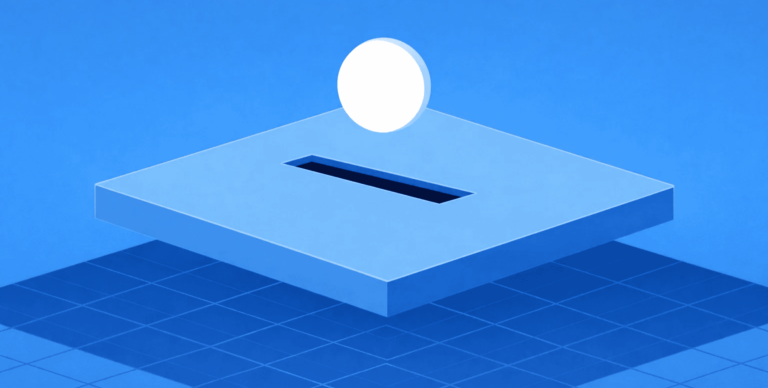 a white coin hovering above a coin slot against a blue background