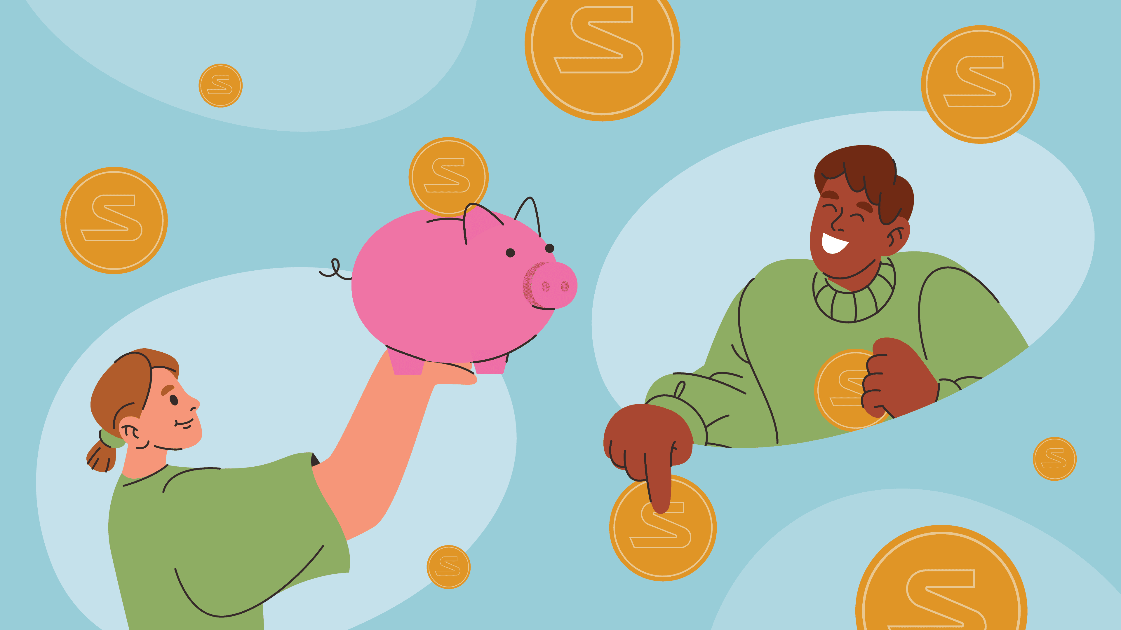 Annimated image of a girl holding up a piggy-bank to a floating coin. Boy points at another coin