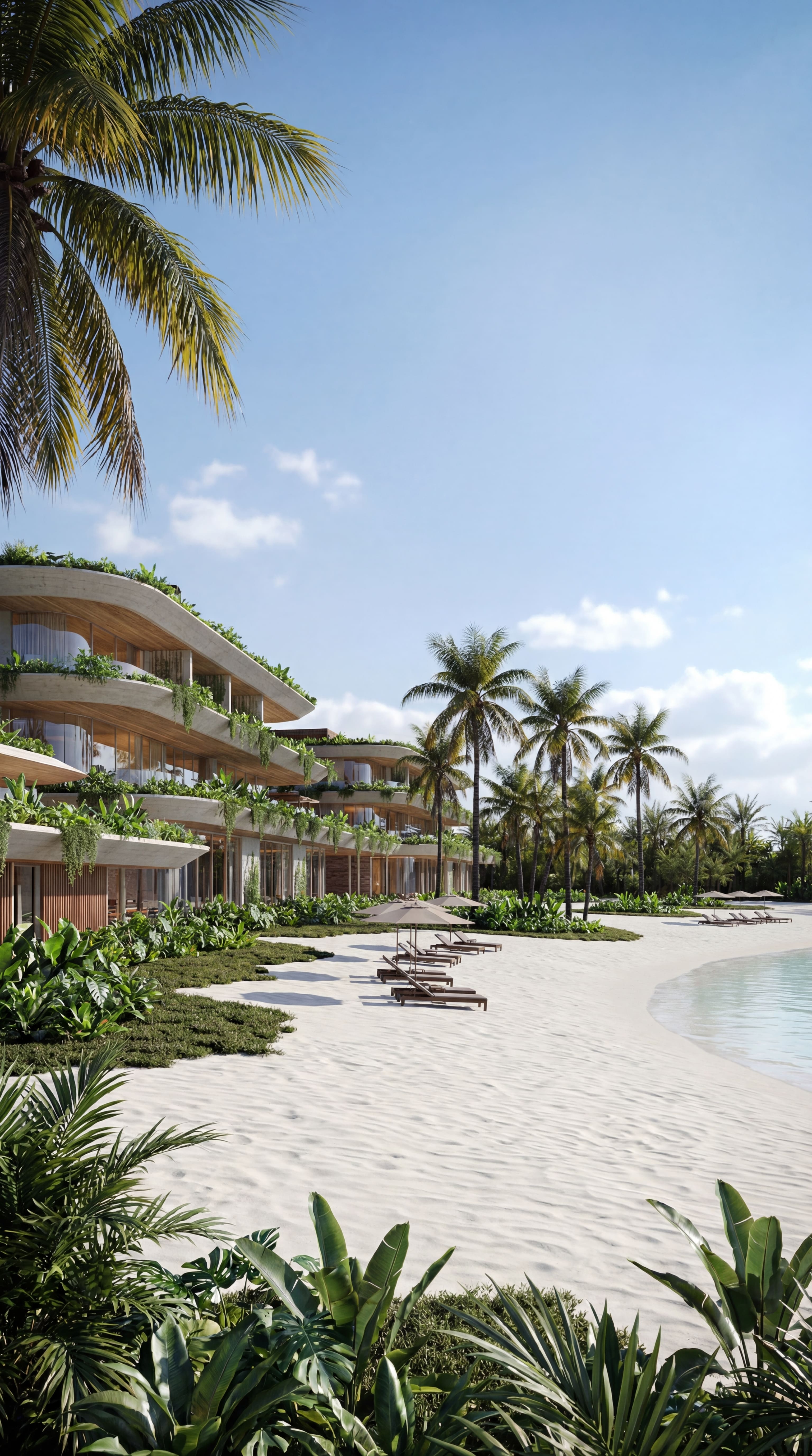 Rendering of a sandy beachfront beside resort buildings and palm trees.