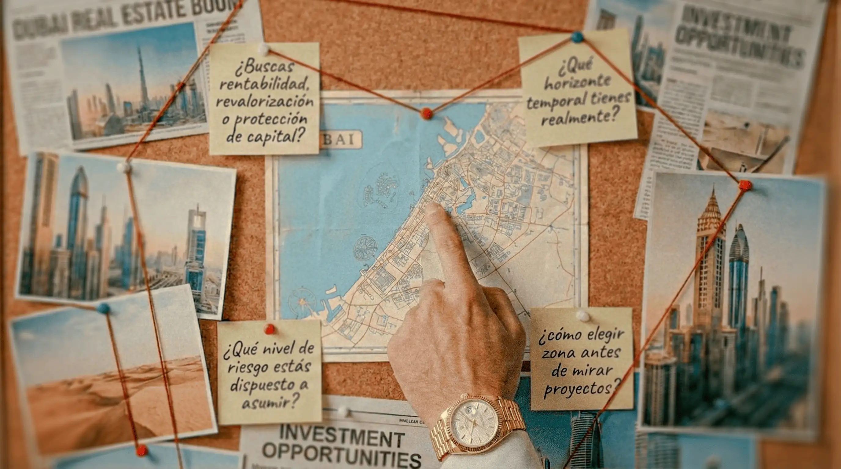 Mapa de Dubái con notas estratégicas y preguntas clave sobre inversión inmobiliaria y elección de zonas.