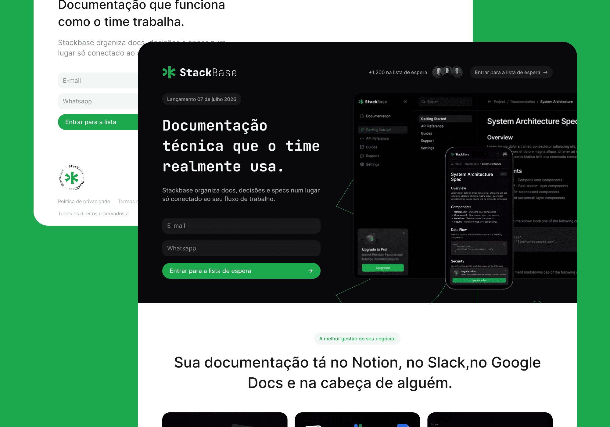 Site da StackBase, plataforma de documentação técnica para equipes - projeto do Studio Responsivo