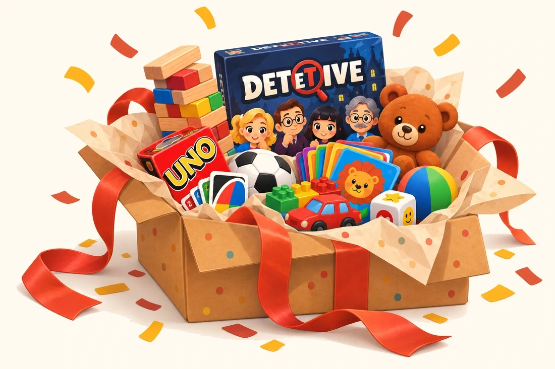 Caixa aberta com jogos e brinquedos novos
