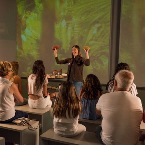 Una dona sosté dos objectes mentre parla a un públic assegut en una sala amb un fons projectat.