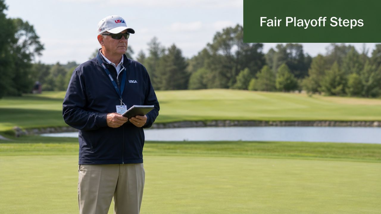 A USGA golf official stands on a green holding a clipboard, overlooking a golf course.