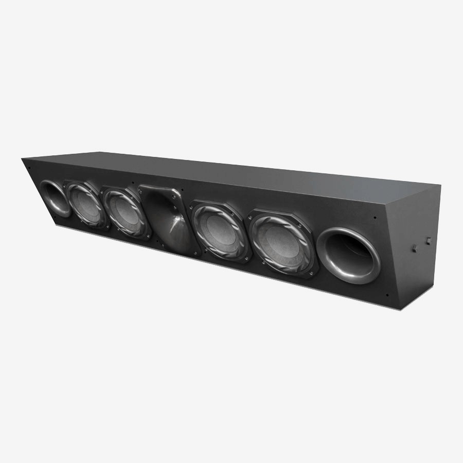 Black soundbar with multiple drivers and ports.</blockquote>